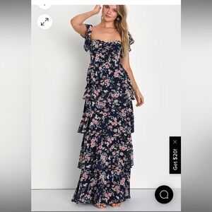 Navy Blue Floral Off-the-Shoulder Maxi Dress